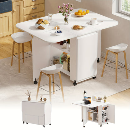 Inklapbare Eettafel – Opvouwbare Tafel – Uitklapbare Tafel – Mobiliteitstafel – Ruimtebesparende Tafel – Wit – Met Wieltjes En Remmen – Uitbreidbaar Tot 110x80 cm