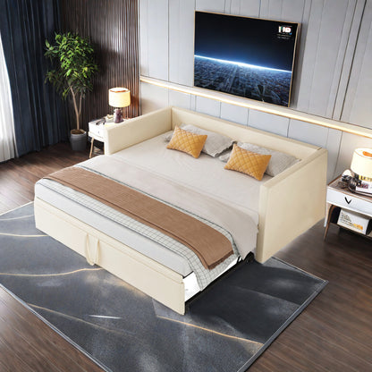 Uitschuifbare Slaapbank – Slaapbank Bedbank – slaapbed – slaapbank 2-persoons – bedbank uitschuifbaar – Velvet Stof – 90/180 x 200 cm – Met Lattenbodem – Beige