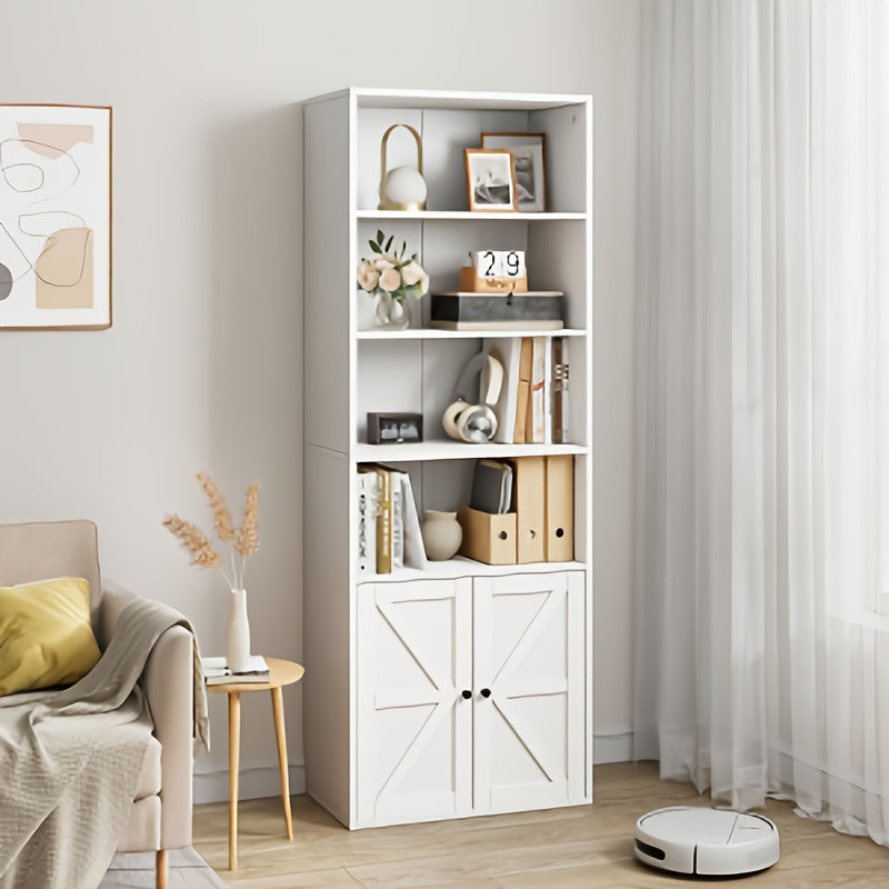 Industrieel Boekenkast met Deuren – Houten Vakkenkast – Opbergkast – Boekenkast Staand – Woonkamermeubel – Stevige Houten Constructie – Open en Gesloten Opbergruimte – Wit