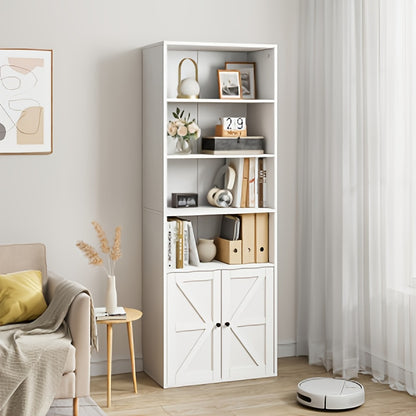 Industrieel Boekenkast met Deuren – Houten Vakkenkast – Opbergkast – Boekenkast Staand – Woonkamermeubel – Stevige Houten Constructie – Open en Gesloten Opbergruimte – Wit