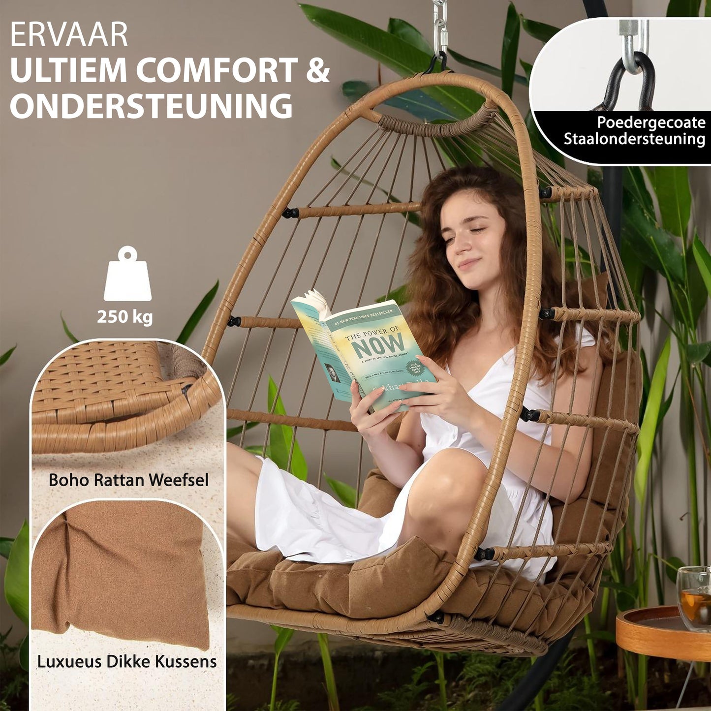 Hangende Ei-stoel – Hangstoel – Schommelstoel – Tuinstoel – Relaxstoel – Met Standaard – Draagvermogen 250 kg – Poedergecoat Stalen Frame