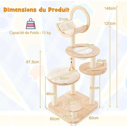 Krabpaal – Kattenboom – Krabmeubel – Kattenhuis – Krabtoren – 4-in-1 Modulair Ontwerp – Duurzaam Rubberwood 60x60x146 cm – Geschikt Voor Meerdere Katten