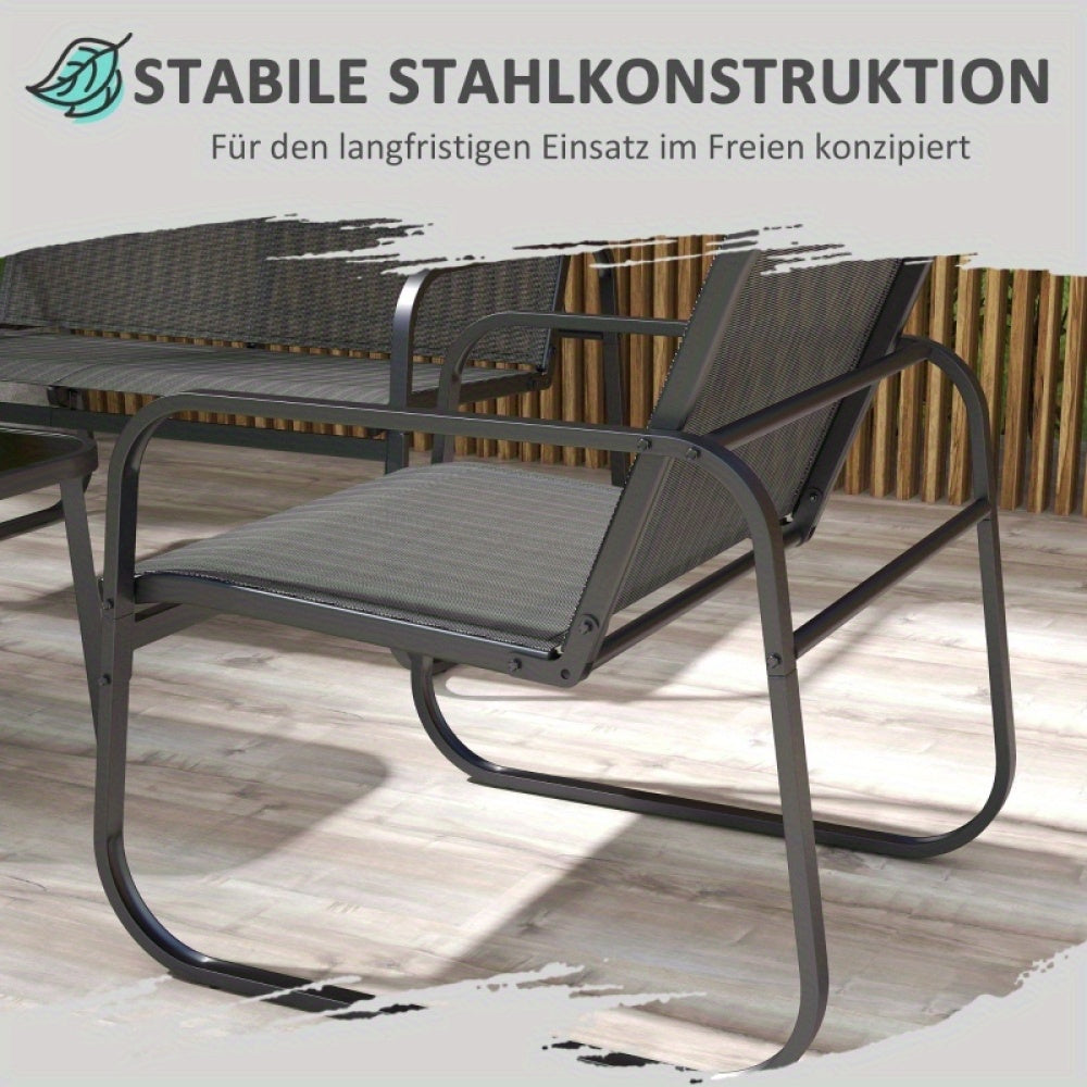 Loungebank – Loungeset – Tuinbank – Modulair Bankstel – 4-delige Set – Zwart Frame – Witte Mesh Kussens – Glasplaat Salontafel – UV-bestendig – Weerbestendig