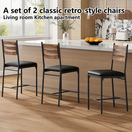 2-Pack Retro Style Bar Stools Set, Upholstered Wooden Bar Chairs with Back & Footrest, Thick Cushion, Counter Height Bar Stools for Kitchen Island, Apartment - Classic Design, No Electricity Needed, Easy Assembly, Bar Stool Set, Kitchen Seating, Elegant S