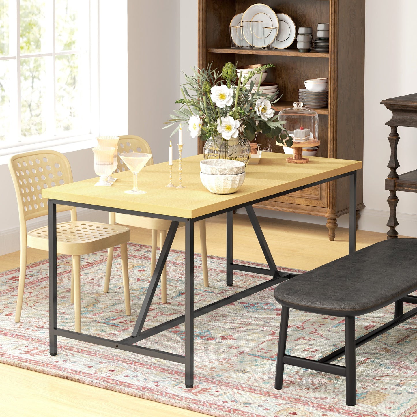 Eettafel – Eetkamertafel – Keukentafel – Tafel – Tafeltje – Modern Design – Houten Look Blad – Zwarte Stalen Poten – 150x80 cm – Verstelbare Pootjes