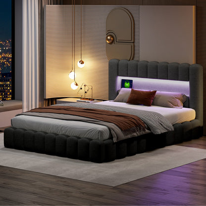 Boxspringbed – Boxspring – Tweepersoonsbed – Boxspringbedframe – Gestoffeerd Bed – 160x200 cm – LED Hoofdbord – USB Laadpoorten – Opbergruimte – Lattenbodem