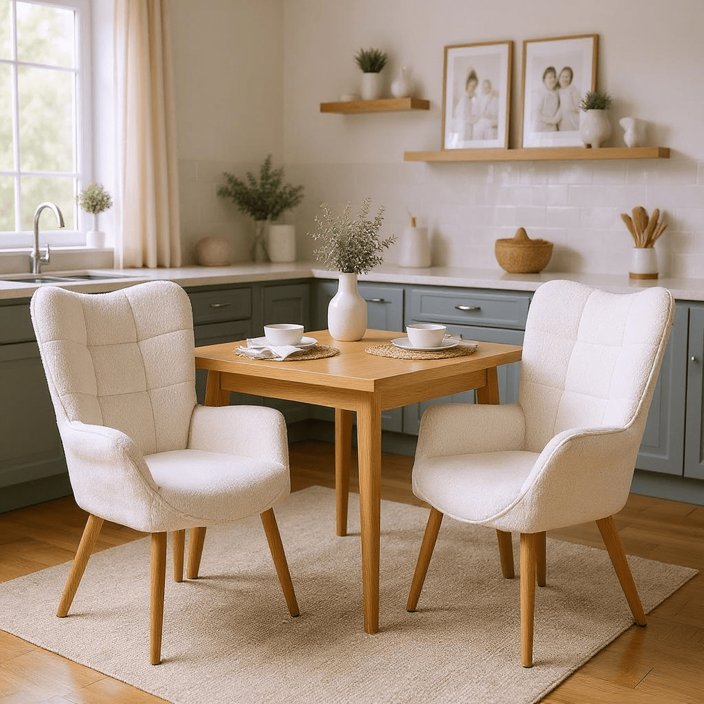 Eetkamerstoel – Stoel – Dining Chair – Armstoel – Dinerstoel – Beige Variant – Gewatteerde Teddy-Stof – Stevig Houten Frame – Ergonomisch & Comfortabel – 72x62x90,5 cm