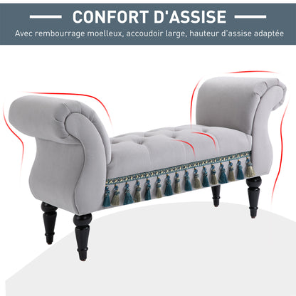 Velvet Bank – Zitbank – Loveseat – Slaapkamerbank – Halbank – Grijs – Compact Formaat – Massief Houten Poten