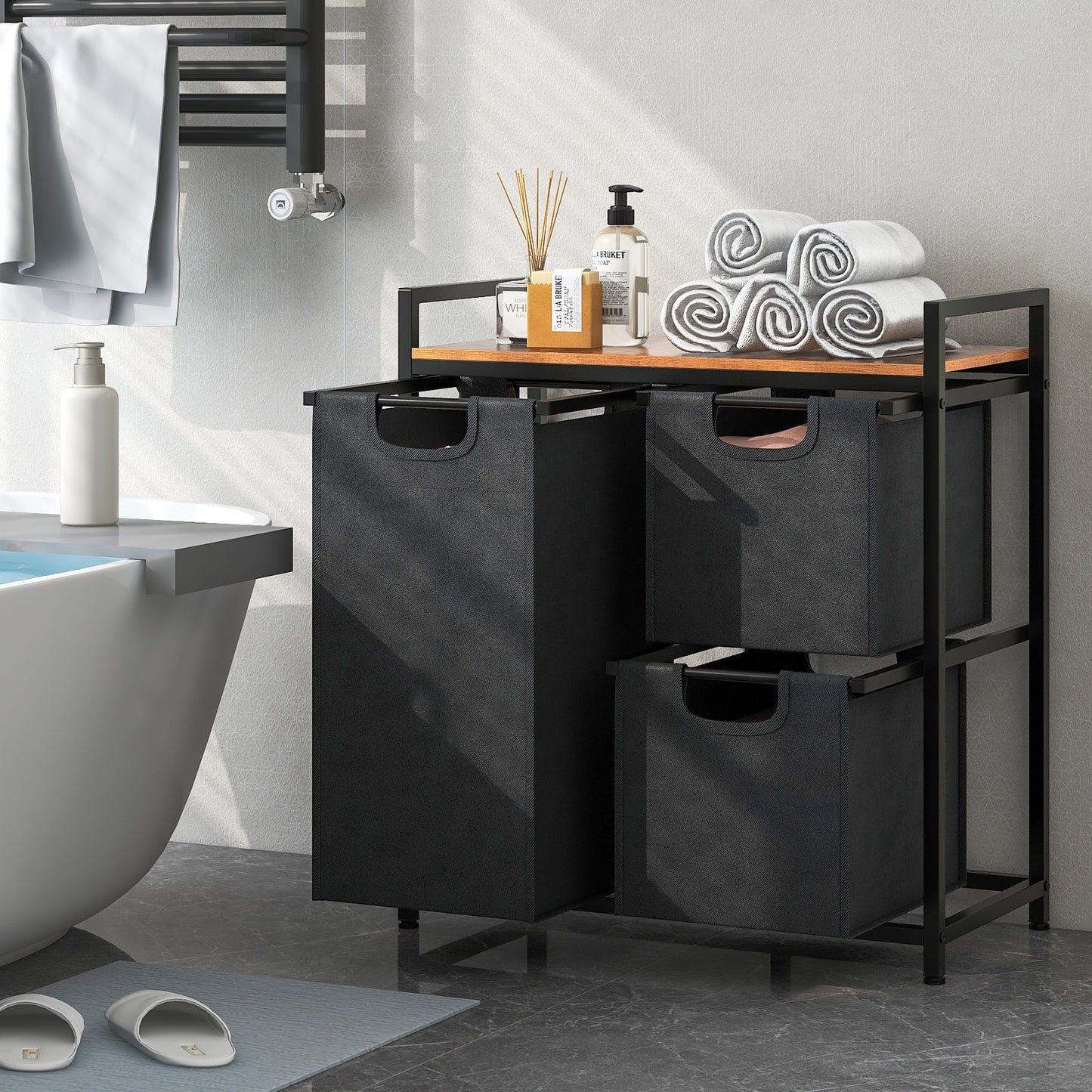 Wasmand – Wasbak – Wasbox – Waskrat – Laundry Hamper – 3 Compartimenten – 75L Metalen Frame & Afneembare Waszakken – Met Opbergrek Zwart met Rustiek Bruin