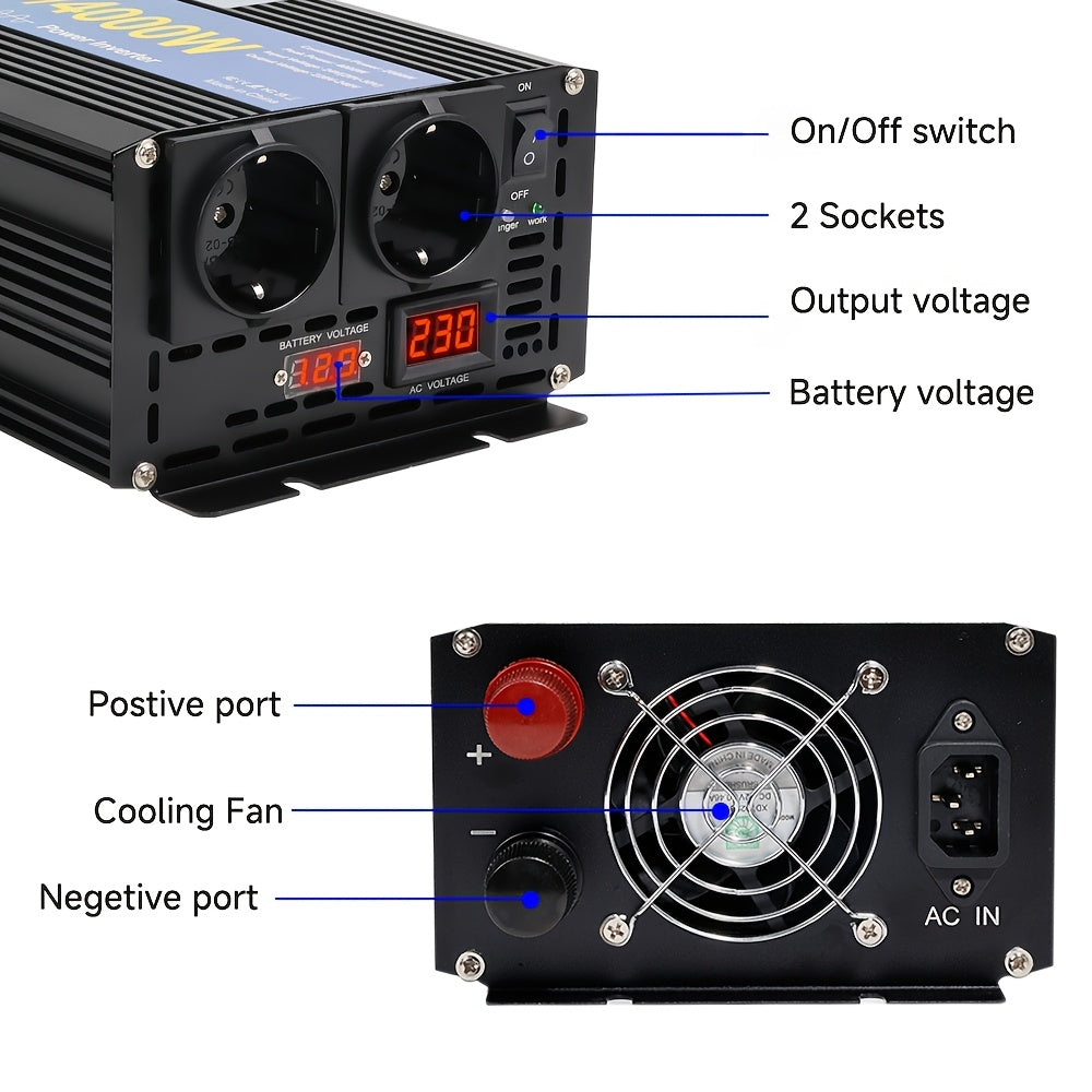 12V Naar 240V Omvormer – Spanningsomzetter – Stroomconverter – Power Inverter – Zuivere Sinusgolf – 2000W Continu Vermogen – LCD Display