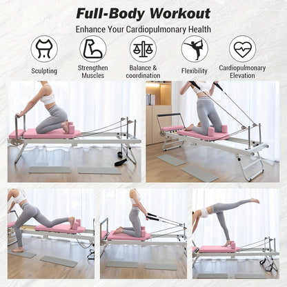 Pilates Reformer – Pilates Machine – Fitnessapparaat – Gymtoestel – Trainingsapparaat – Inklapbaar & Compact – Verstelbare Weerstand – Roze – Stevig Frame & Comfortabele Kussens