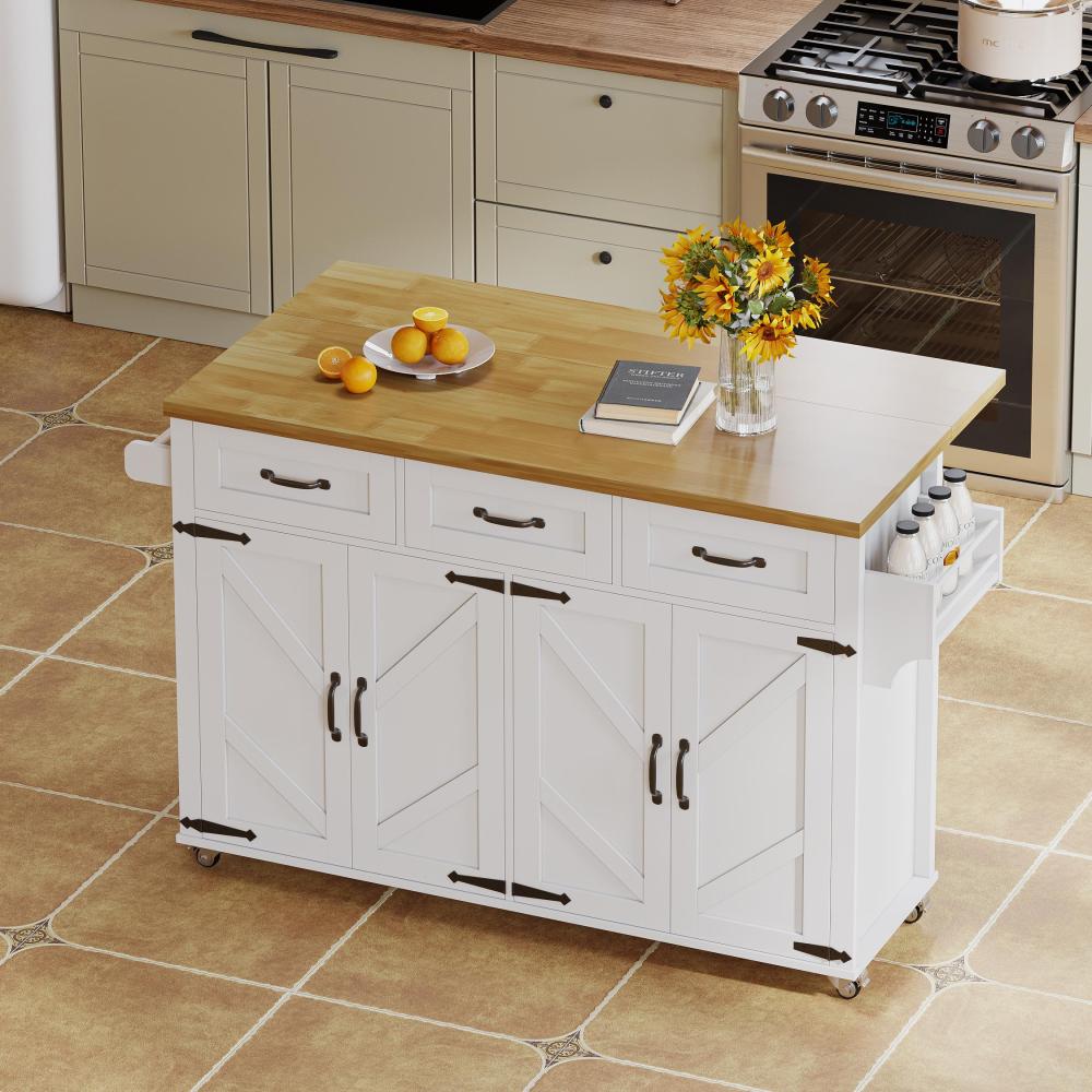 Side Cabinet | Kitchen Island Featuring a Collapsible Work Surface | Equipped with 5 Lockable Wheels | 4 Doors, 3 Drawers | Dual-Sided Towel Rack | Color: White | Measurements: 140X43(70)X90.5 Cm