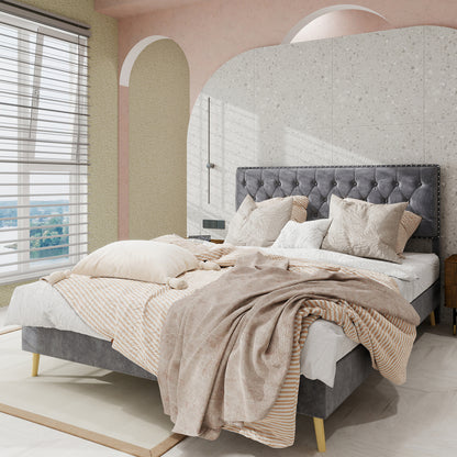 Boxspringbed – Boxspring – Tweepersoonsbed – Slaapkamerbed – Bedframe – Zacht Hoofdbord – Stof & Metaal – 160x200 cm – Ruimtebesparend Design – Stevig Frame