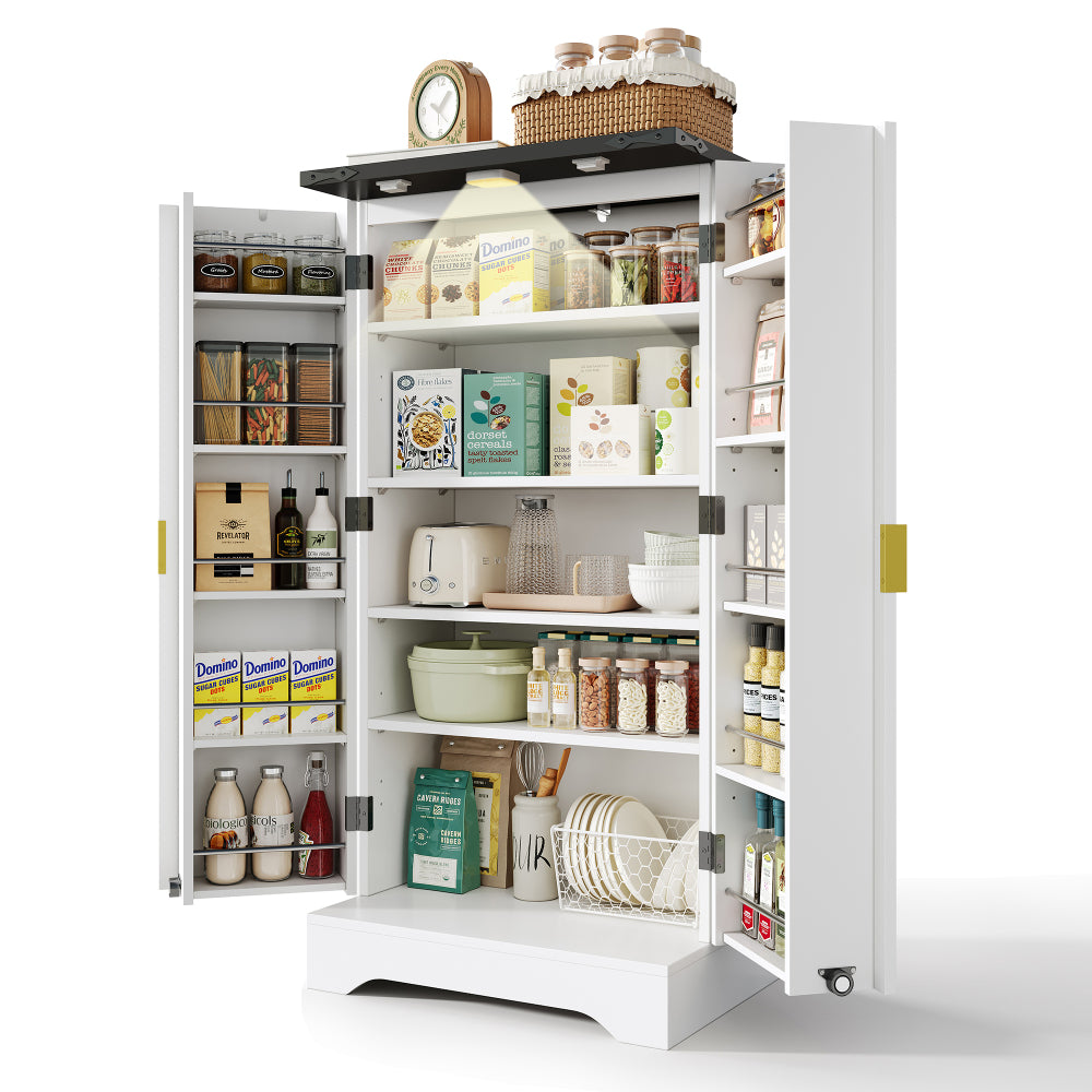 Modern White Metal Kitchen Cabinet with Spice Rack - Spacious Double Door Storage with Adjustable Shelves, Contemporary Design, 120x60.5x40cm, Durable Metal Construction for Kitchen Organization, Space-Saving Vertical Storage