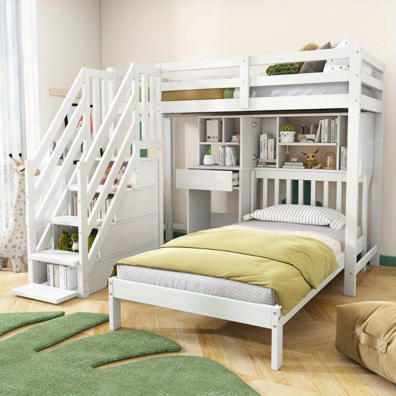 Stapelbed – Multifunctioneel Bed – Hoogslaper – Kinderbed – Tienerbed – Wit – Inclusief Bureau en Opbergruimte – 90x200 cm – Stevig Frame met Lattenbodem – Ruimtebesparend Design