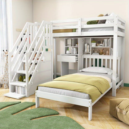 Stapelbed – Multifunctioneel Bed – Hoogslaper – Kinderbed – Tienerbed – Wit – Inclusief Bureau en Opbergruimte – 90x200 cm – Stevig Frame met Lattenbodem – Ruimtebesparend Design