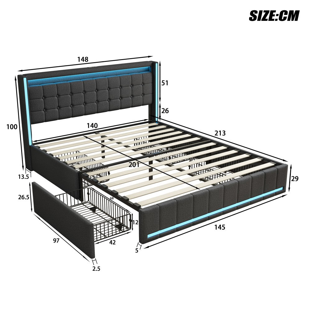 Bed 140x200 – Tweepersoonsbed – Stapelbed – Linnen Bed – Opbergbed – Ingebouwde LED-Verlichting – USB-Poort – Donkergrijs – 4 Laden – Houten Lattenbodem
