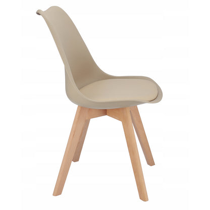 Stoel – Eetkamerstoel – Kuipstoel – Designstoel – Zithoekstoel – Scandinavisch Design – Beukenhouten Poten – Eco-Leren Kussen – Set van 4 – Beige