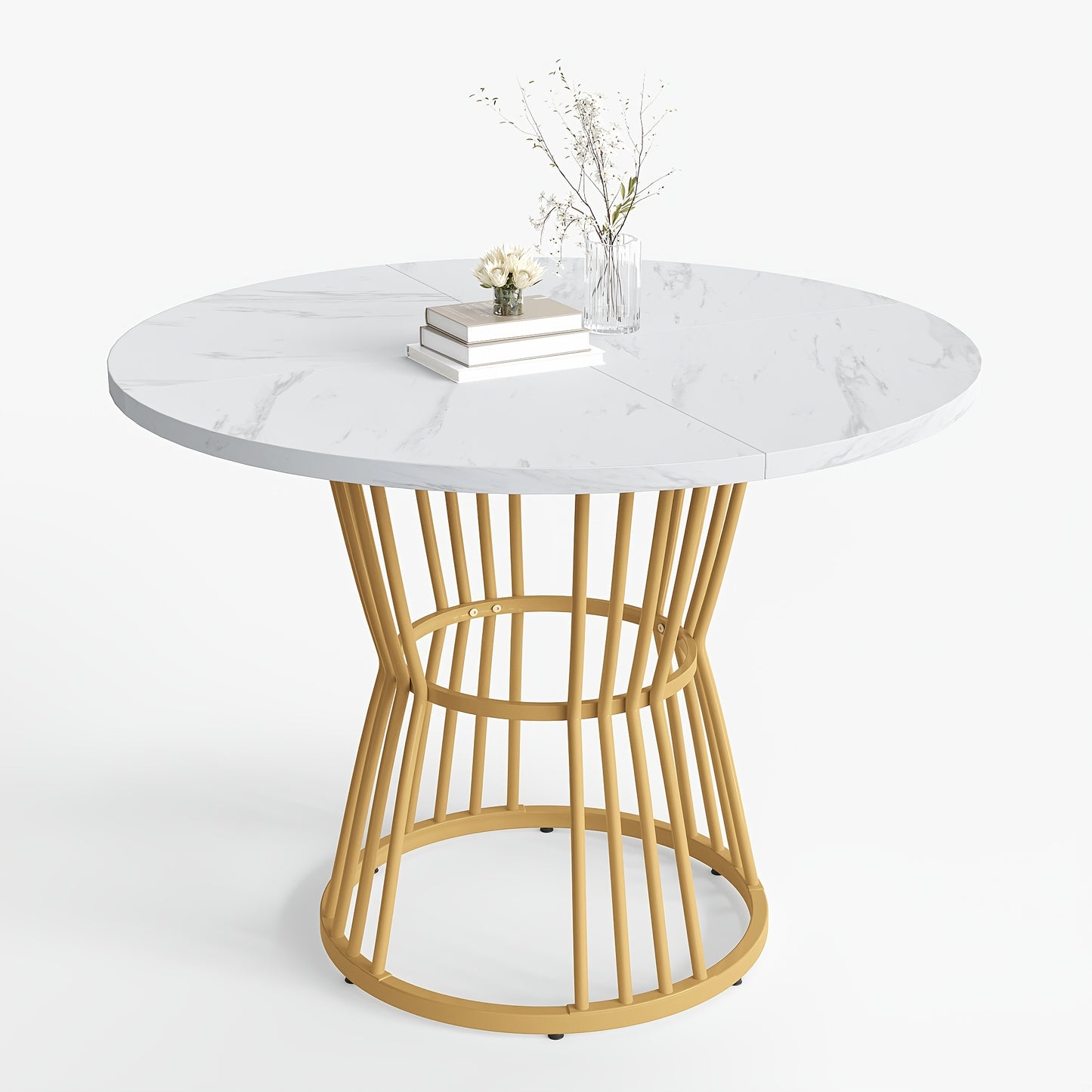 Ronde Eettafel – Eettafel Rond – Keukentafel – Ontbijttafel – Tafel Marmerlook – Wit Gouden Frame – Compact Design – Stevig Metalen Frame