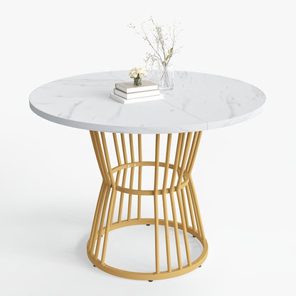 Ronde Eettafel – Eettafel Rond – Keukentafel – Ontbijttafel – Tafel Marmerlook – Wit Gouden Frame – Compact Design – Stevig Metalen Frame