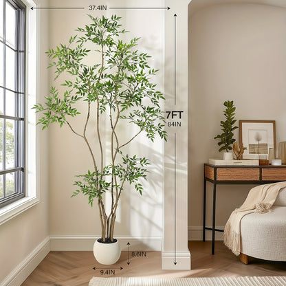 Artificial Tree, Artificial Nandina Domestica Tree, 210cm High Artificial Nandina Domestica Tree, Suitable for Home Decoration, with White Flower Pot, with Decorative Stones, Suitable for Indoor And Outdoor Home, Office, Livi
