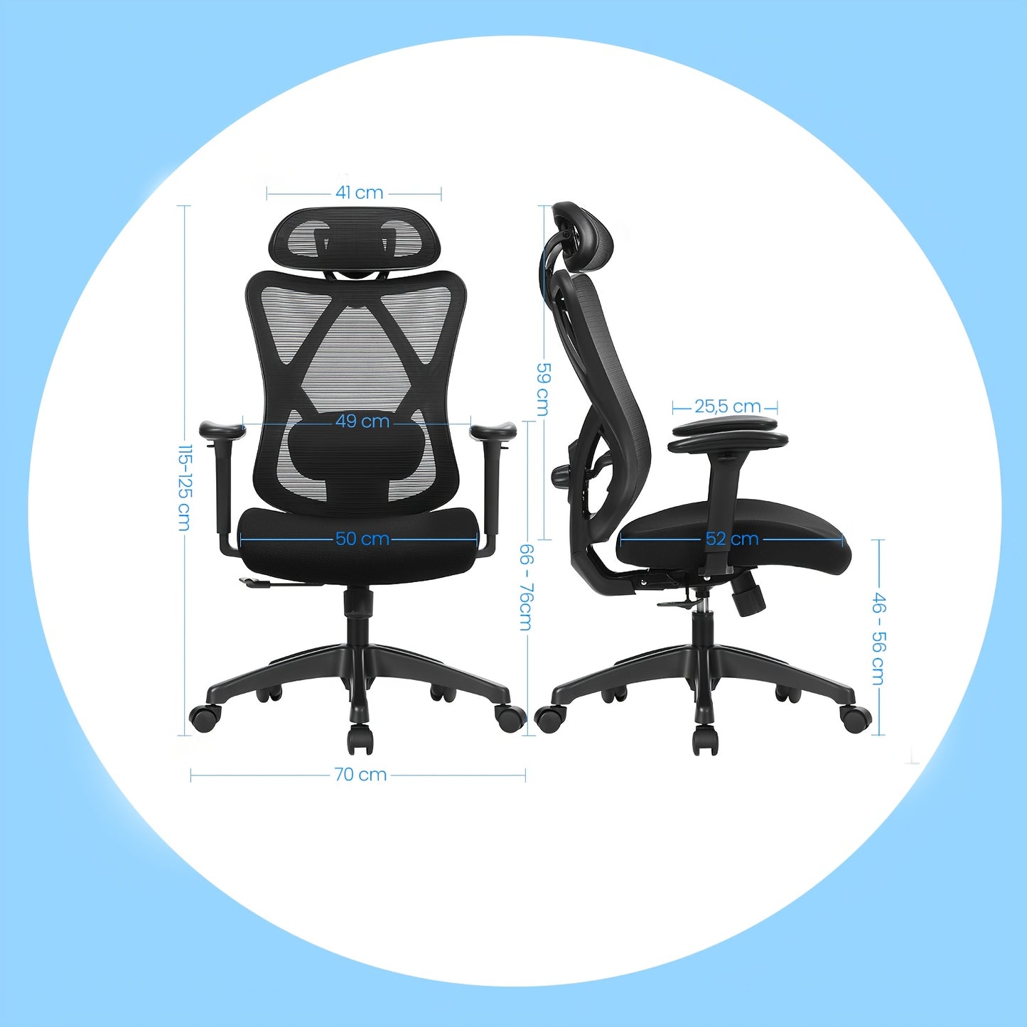 Ergonomische Bureaustoel – Bureaustoel – Kantoorstoel – Computestoel – Mesh Stoel – Verstelbare Lendensteun & Hoofdsteun – Max. Belastbaar 150 kg – Hoogte Verstelbaar