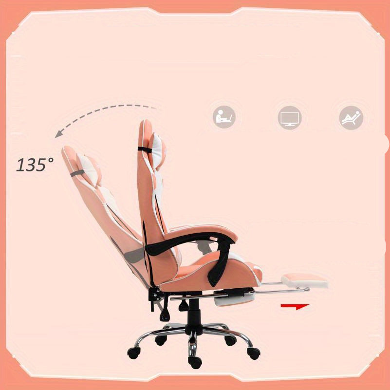 Gamingstoel – Gamestoel – Gaming Chair – Bureaustoel – Game Stoel – Ergonomisch – Verstelbare Hoofdsteun – 360° Draaibaar – Roze/Wit – Stevige Constructie – Comfortabel Gevuld
