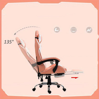 Gamingstoel – Gamestoel – Gaming Chair – Bureaustoel – Game Stoel – Ergonomisch – Verstelbare Hoofdsteun – 360° Draaibaar – Roze/Wit – Stevige Constructie – Comfortabel Gevuld