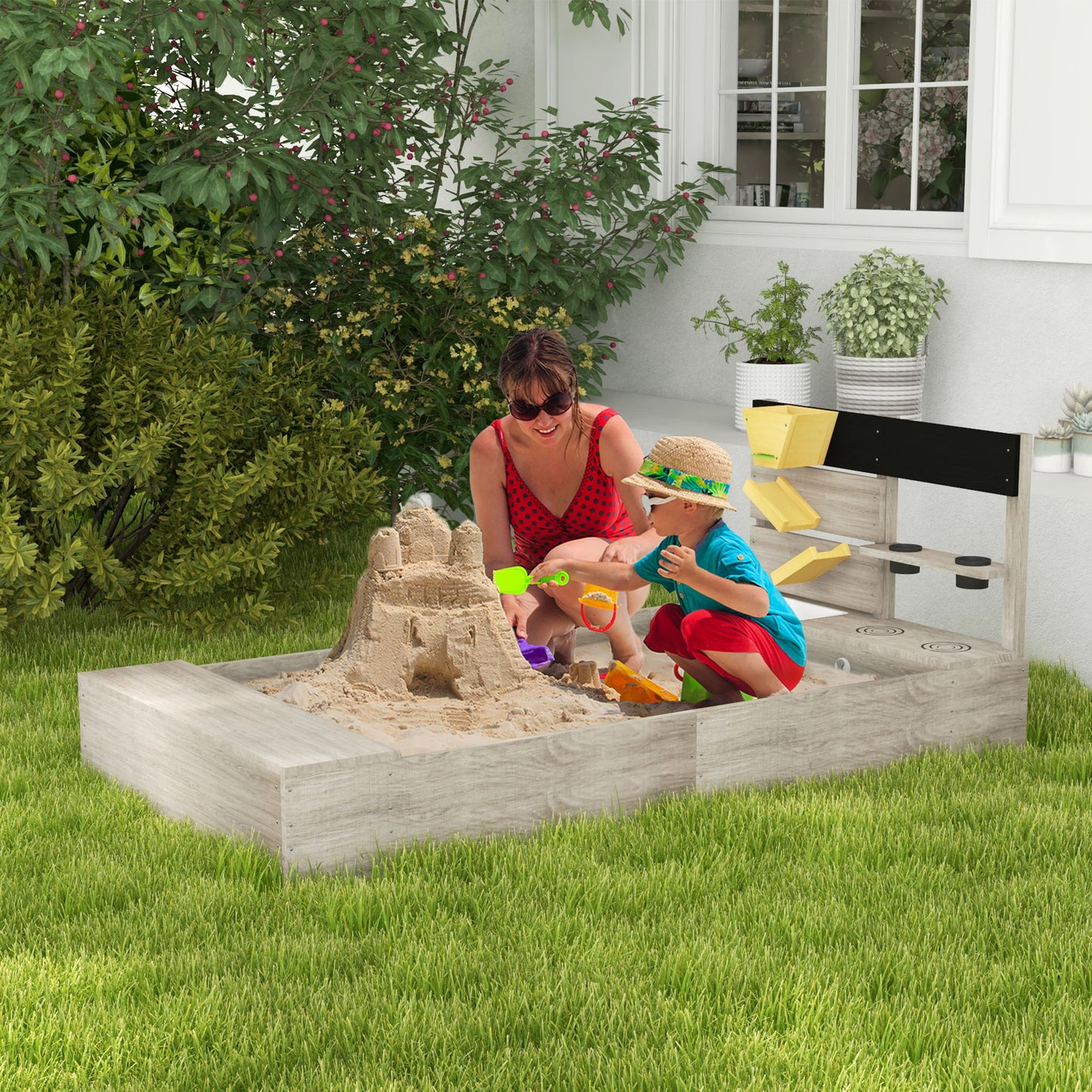 Zandbak – Zandtafel – Speelbak – Kinderen Zandspeelplek – Plantenbakken – Waterstation – Duurzaam Behandeld Hout – 154 x 80 x 60 cm – Weerbestendig Grijs