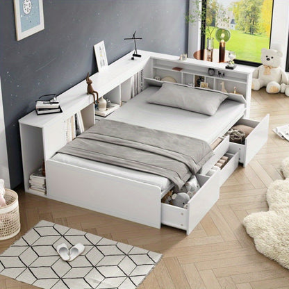 Eenpersoonsbed – Bed – Single Bed – Opbergbed – Slaapkamerbed – 90x200 cm – Ruimtebesparend Met Ingebouwde Lades En Kast – Duurzaam Onderhoudsvriendelijk Niet-Houten Materiaal