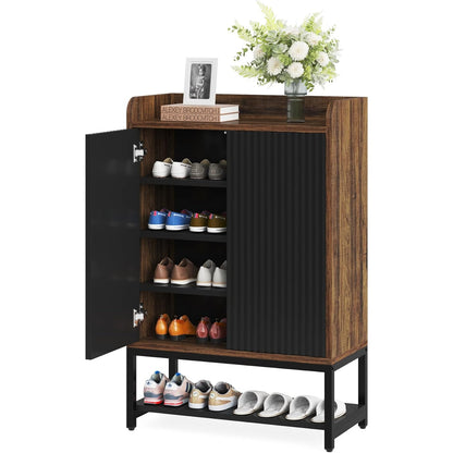 Schoenenkast – Schoenenrek – Schoenenopberger – Schoenkast – Schoenmeubel – 5-laags design – Stijlvol zwart-bruin hout en metaal – Compact en ruimtebesparend (25+ paar)