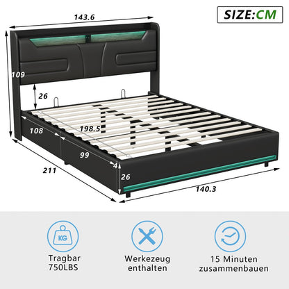 Tweepersoonsbed – Opbergbed – Bedframe – Stijlvol Bed – Gestoffeerd Bed – 160x200 cm – USB Type-C Oplaadpoort – LED Verlichting – 4 Ruime Lades