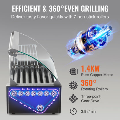 Hotdoggrill – Worstengrill – Hotdogmaker – Hotdogroller – Elektrische Rollergrill – 7 Rollers Voor 18 Hotdogs – Roestvrij Staal & 1400W Vermogen