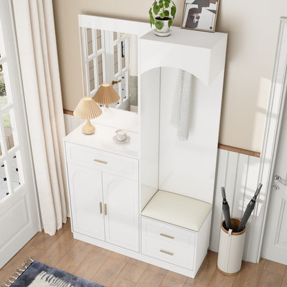 Gangkast – Halmeubel – Garderobekast – Opbergkast – Schoenenkast – Modern Design – Compact Met Spiegel – Witte Kast Met Gouden Accenten