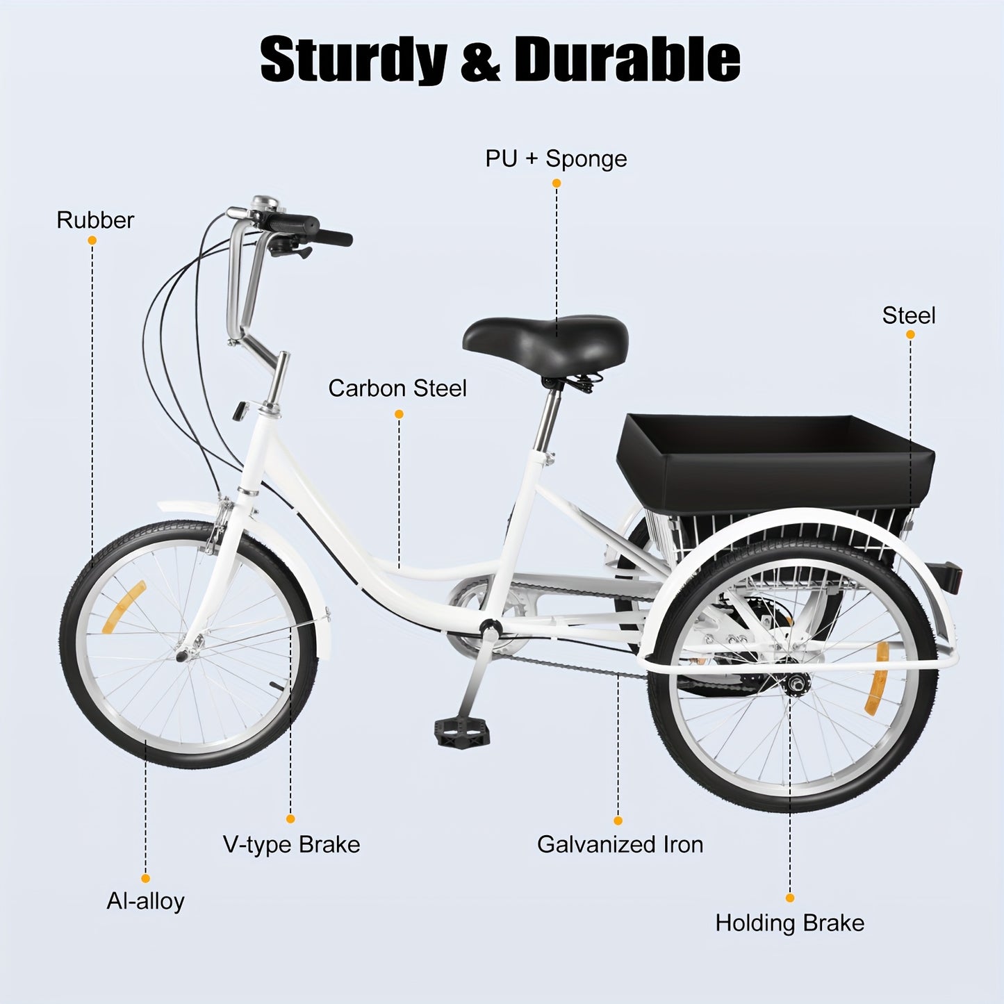 Driewieler – Driewieler Fiets – Volwassenen Driewieler – Driewieler Met Mand – Driewieler 3-Wiel – Wit – 50,8 cm – 8 Versnellingen – Verstelbaar Zadel