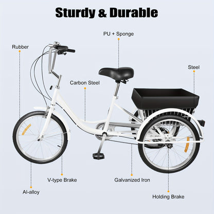 Driewieler – Driewieler Fiets – Volwassenen Driewieler – Driewieler Met Mand – Driewieler 3-Wiel – Wit – 50,8 cm – 8 Versnellingen – Verstelbaar Zadel