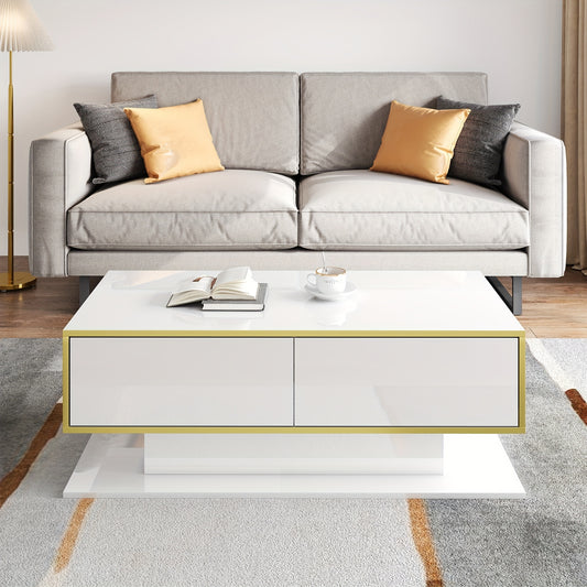 Salontafel – Koffietafel – Bijzettafel – Woonkamertafel – Tafel – Modern – Hoogglans Wit Met Gouden Rand – Drie Laden En Sfeerverlichting Zonder Stroom