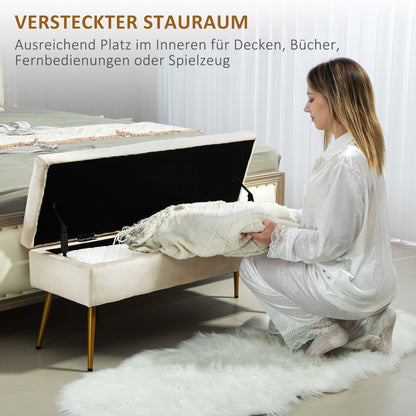 Opbergbank – Zitbank – Halbank – Opbergbox – Poef – Fluwelen Bekleding – Metalen Frame – 102x35x43 cm – Beige