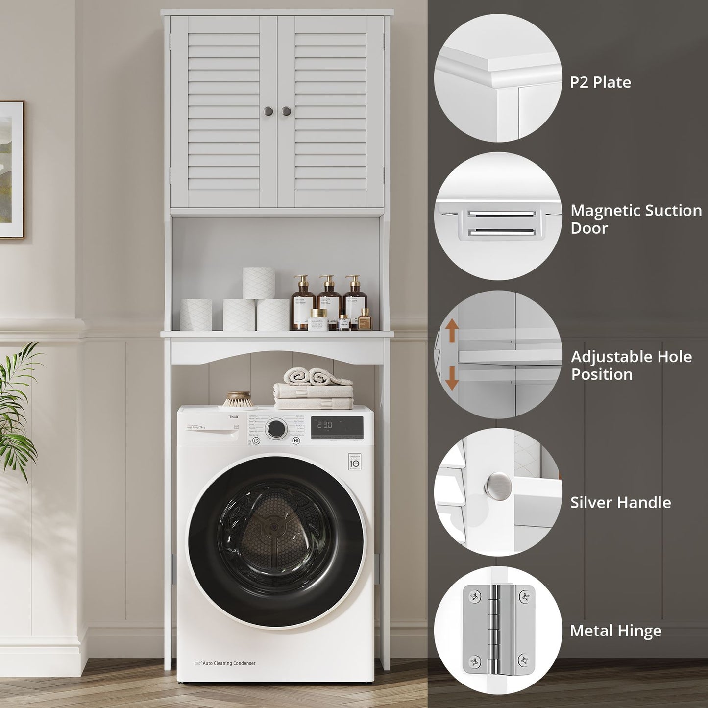 Badkamerkast boven toilet – Opbergkast – Toiletkast – Badkamermeubel – Wandkast – Wit hardhout – Verstelbare plank – Anti-kiepbeveiliging