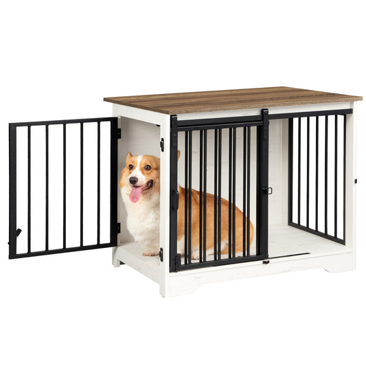 Dog Cage Furniture, 81cm Dog Crate, 2 Doors, Modern Indoor Dog Cage For Small/Medium/Large Dogs Up To 100kg, Side Table, Dog Cage For Home 55 X 81 X 67.2 Cm, Vintage Brown