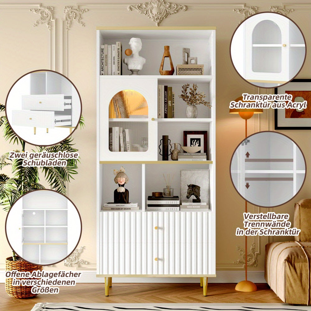 Boekenkast – Boekenrek – Opbergkast – Vakkenkast – Stellingkast – Wit – Transparante Deuren – Geruisloze Laden – 78x36x180 cm – Metalen Voet – Vrijstaand Design