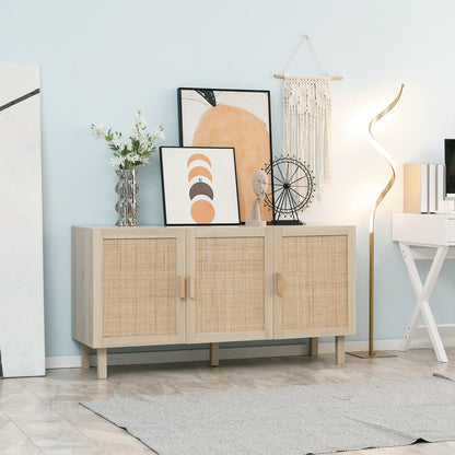 Dressoir – Opbergkast – Buffetkast – Ladekast – Kast – Bohemien Stijl – Hout Met Gevlochten Rieten Deuren – 136x41x70 cm – Verstelbare Planken