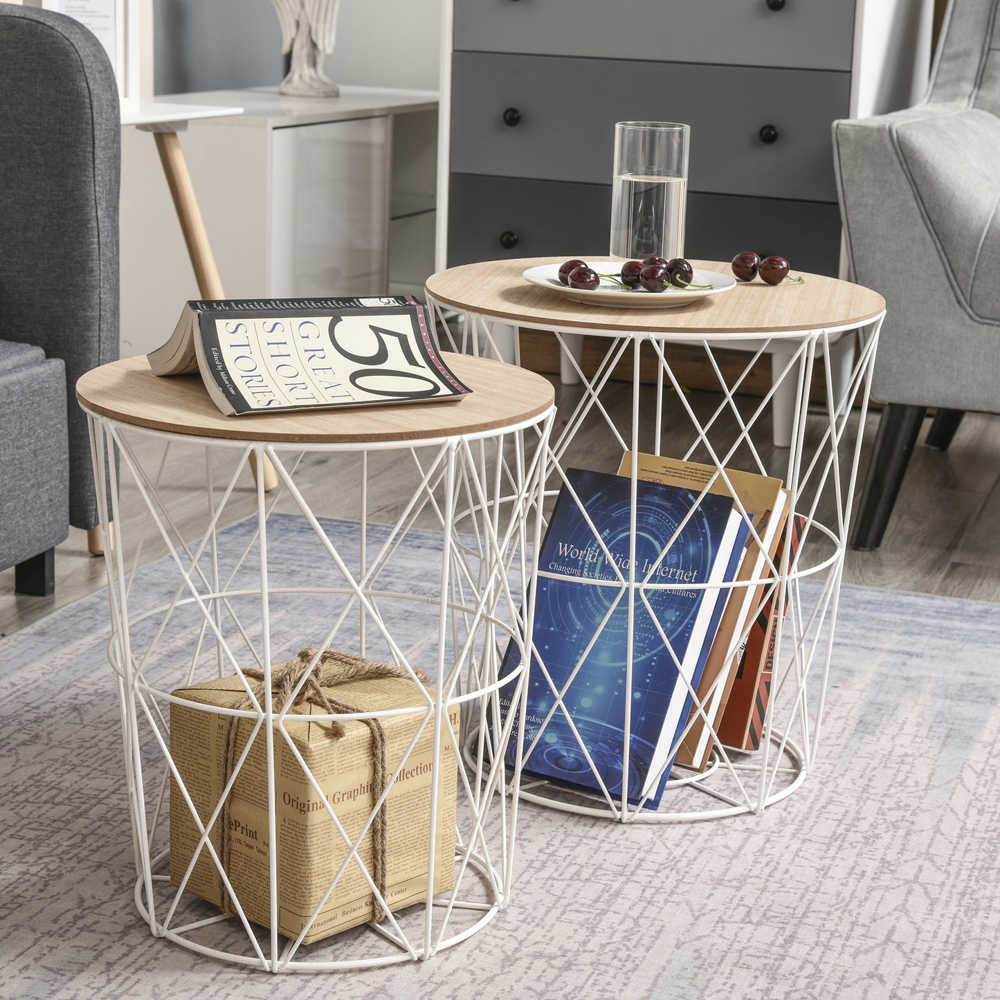 Ronde Salontafel – Bijzettafel – Stapelbare Tafel – Decoratieve Tafel – Houten Tafel – Wit Metalen Frame – 2-Delige Set – Afneembare Bladen – Compact & Duurzaam
