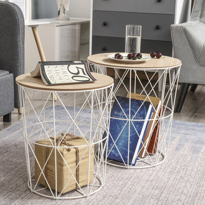 Ronde Salontafel – Bijzettafel – Stapelbare Tafel – Decoratieve Tafel – Houten Tafel – Wit Metalen Frame – 2-Delige Set – Afneembare Bladen – Compact & Duurzaam