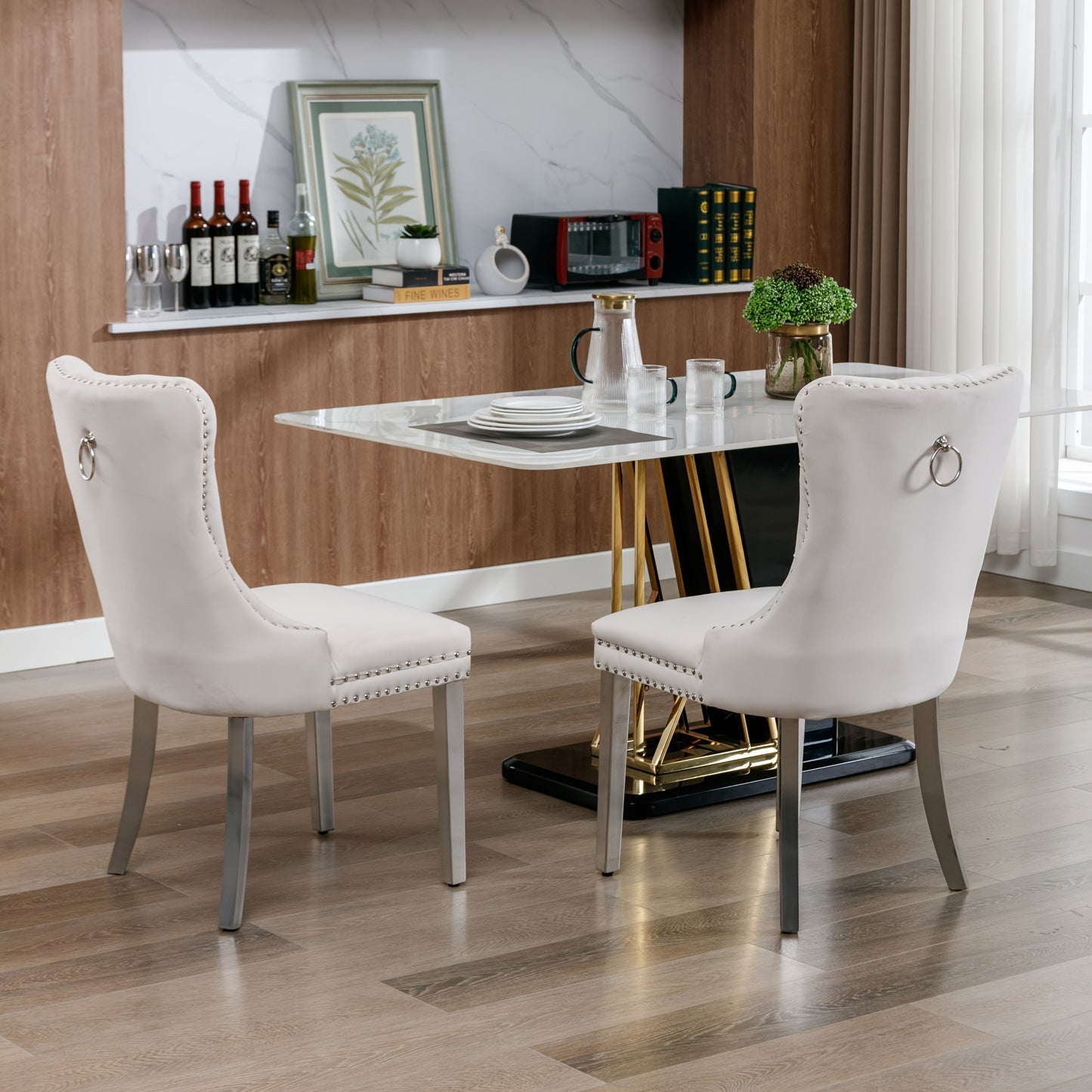 Set of 2 Modern Luxury Tufted Solid Wood Frame Dining Chairs with Beige Velvet Upholstery, Chrome Stainless Steel Legs & Nailhead Trim - Contemporary Classic Design, Plush Cushioned Seats for Elegant Home or Formal Dining Roo