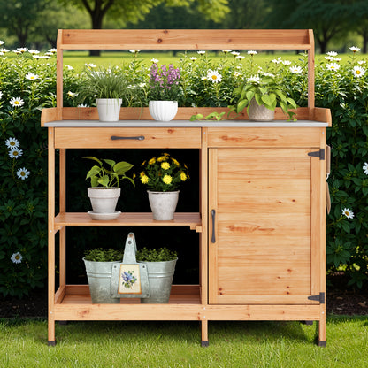Tuinwerkbank – Werktafel Tuinieren – Plantentafel Met Opbergruimte – Tuinkast Met Planken – Werkbank Met Metalen Werkblad – Houtkleur Variant – Stevig Metalen Werkblad – Handige Zijhaken