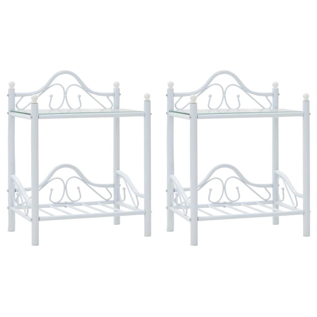 Nachtkastje – Nachtkastjes – Bedside Table – Bijzetkastje – Opbergkastje – Set Van 2 – Modern Wit Design – Stalen Frame Met Glas