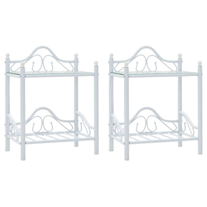 Nachtkastje – Nachtkastjes – Bedside Table – Bijzetkastje – Opbergkastje – Set Van 2 – Modern Wit Design – Stalen Frame Met Glas