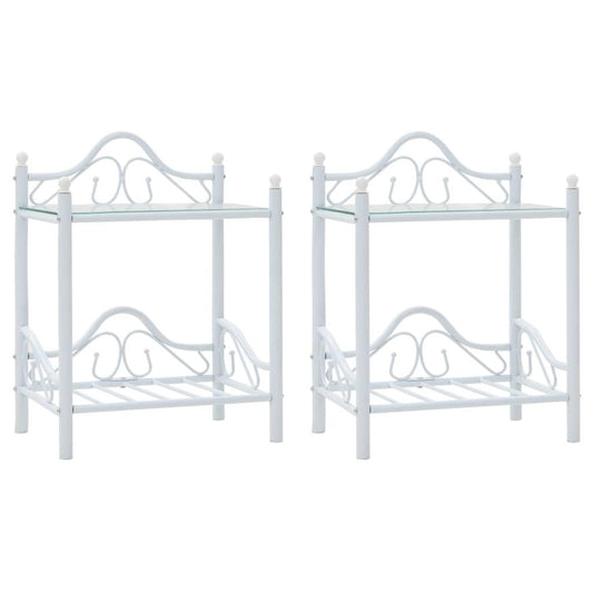 Nachtkastje – Nachtkastjes – Bedside Table – Bijzetkastje – Opbergkastje – Set Van 2 – Modern Wit Design – Stalen Frame Met Glas