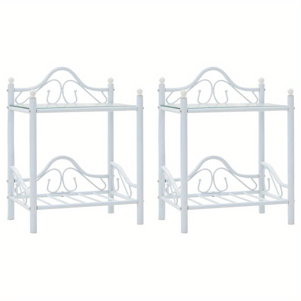 Nachtkastje – Nachtkastjes – Bedside Table – Bijzetkastje – Opbergkastje – Set Van 2 – Modern Wit Design – Stalen Frame Met Glas